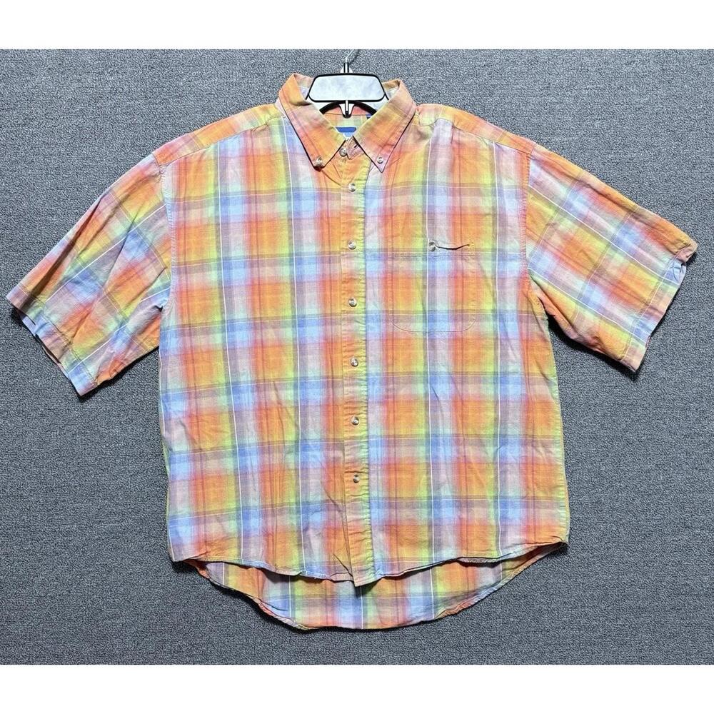 VTG Raider Mens XL Shirt Orange Plaid SS Button Up Retro